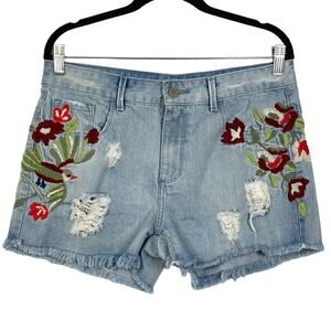 NWOT SHOULDER Shorts 40 3” Inseam High Rise Floral Embroidery Distressed Blue